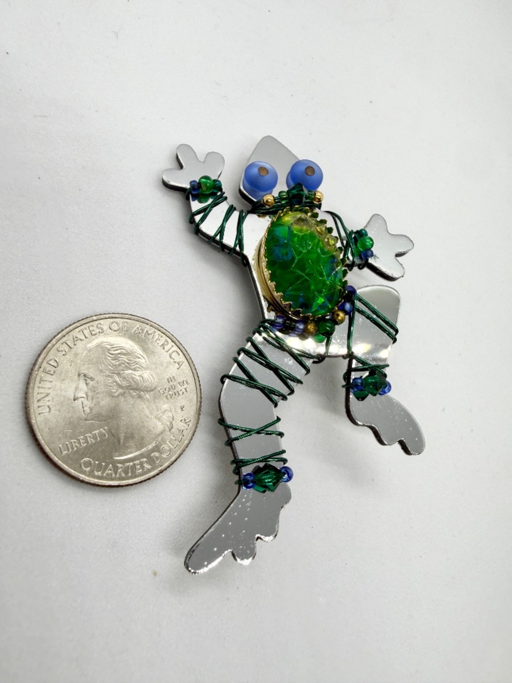 Liztech Signed ’98 Frog Brooch Mirrored Beaded Artisan Pin Retired Vintage